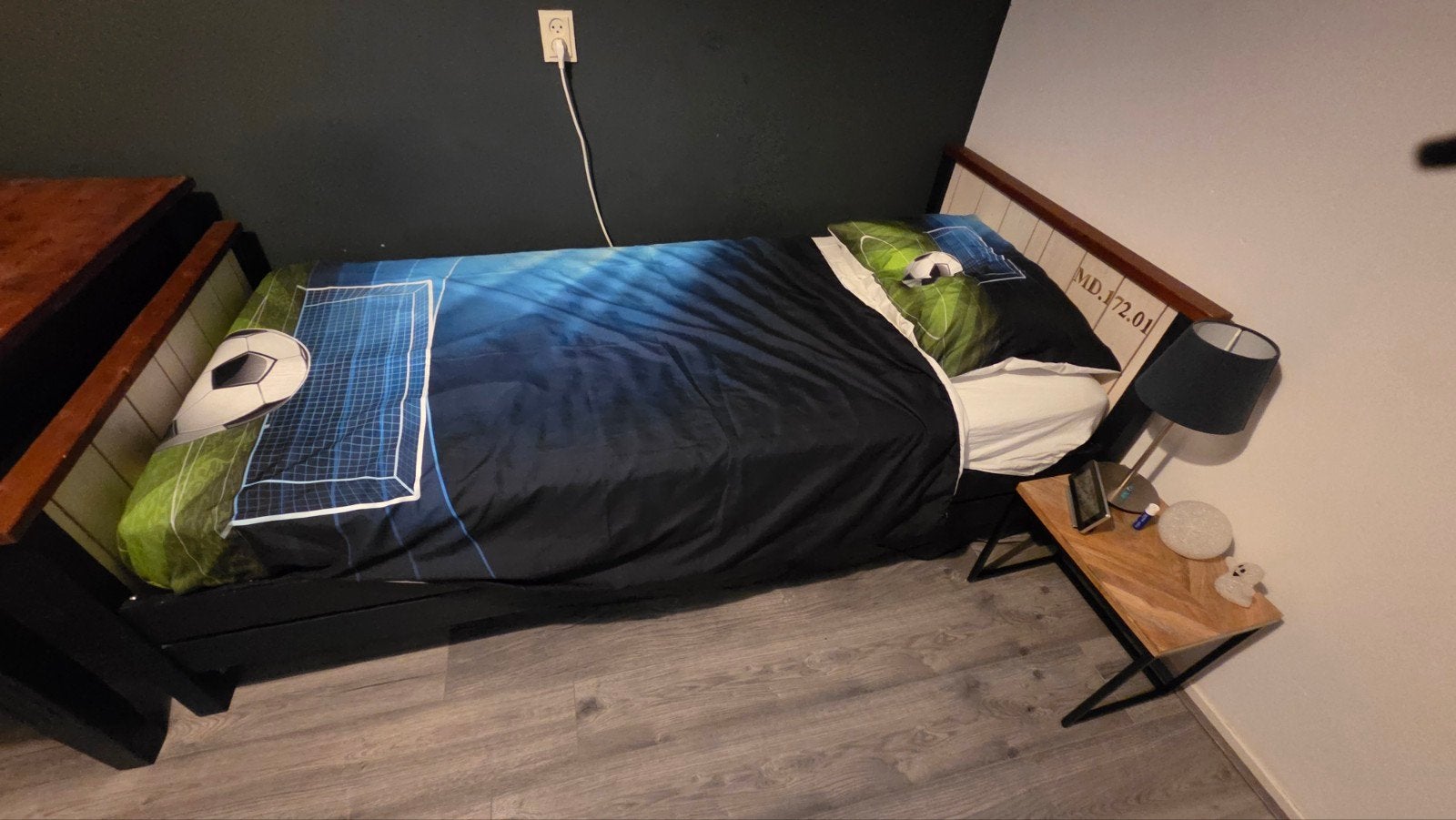 Eenpersoonsbed met bureau en kast - Zwart/Wit Hout, Ophalen, Gebruikt, 90 cm, Eenpersoons
