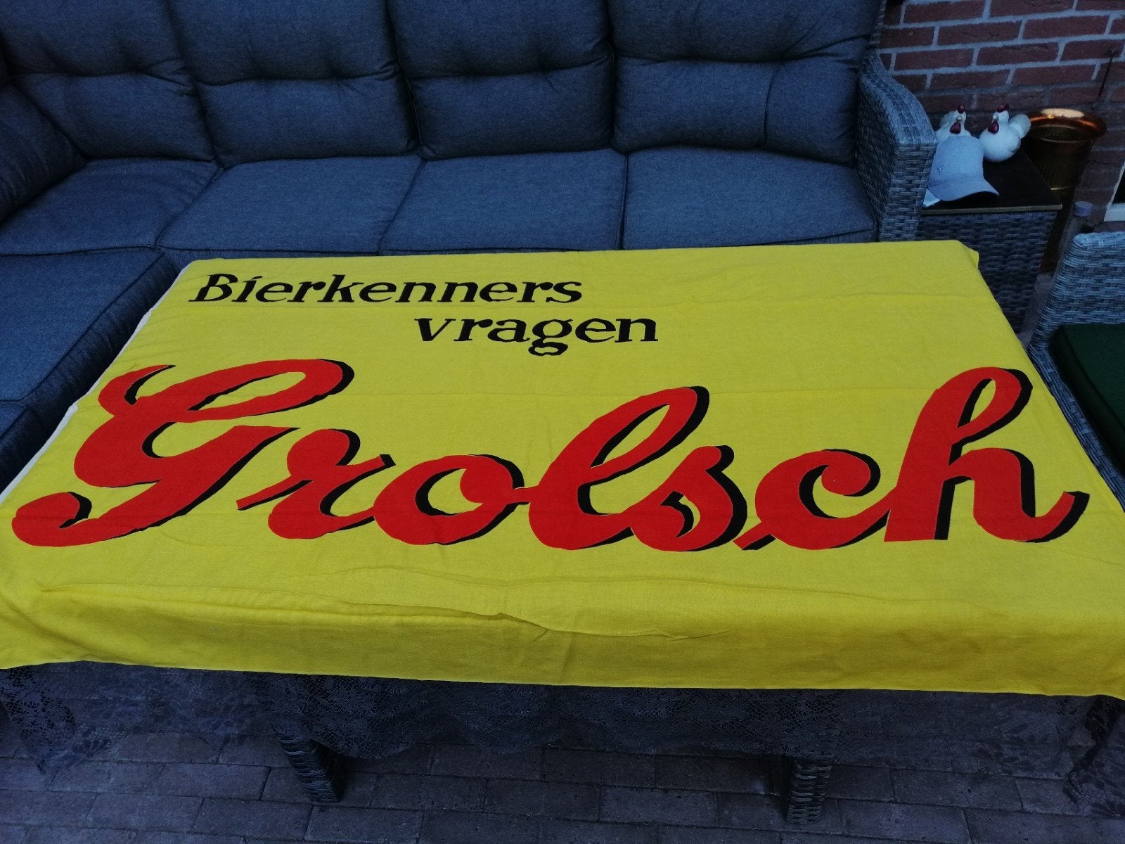 oude gele stoffen Grolsch vlag., Ophalen of Verzenden, Reclamebord, Plaat of Schild, Grolsch