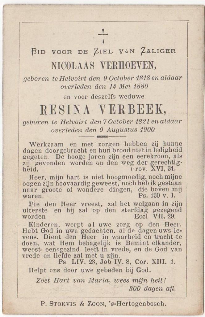 Nicolaas Verhoeven 1818 - 1880 Helvoirt, 61 jaar oud, Verzamelen, Bidprentjes en Rouwkaarten, Verzenden