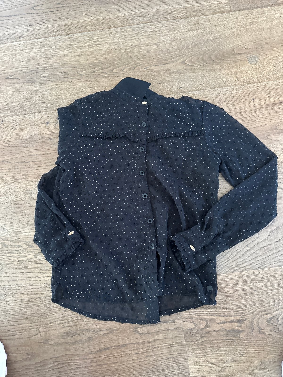 Zwarte blouse met gouden stippen Nicolette mt 152, Ophalen of Verzenden, Gebruikt, Meisje, Overhemd of Blouse