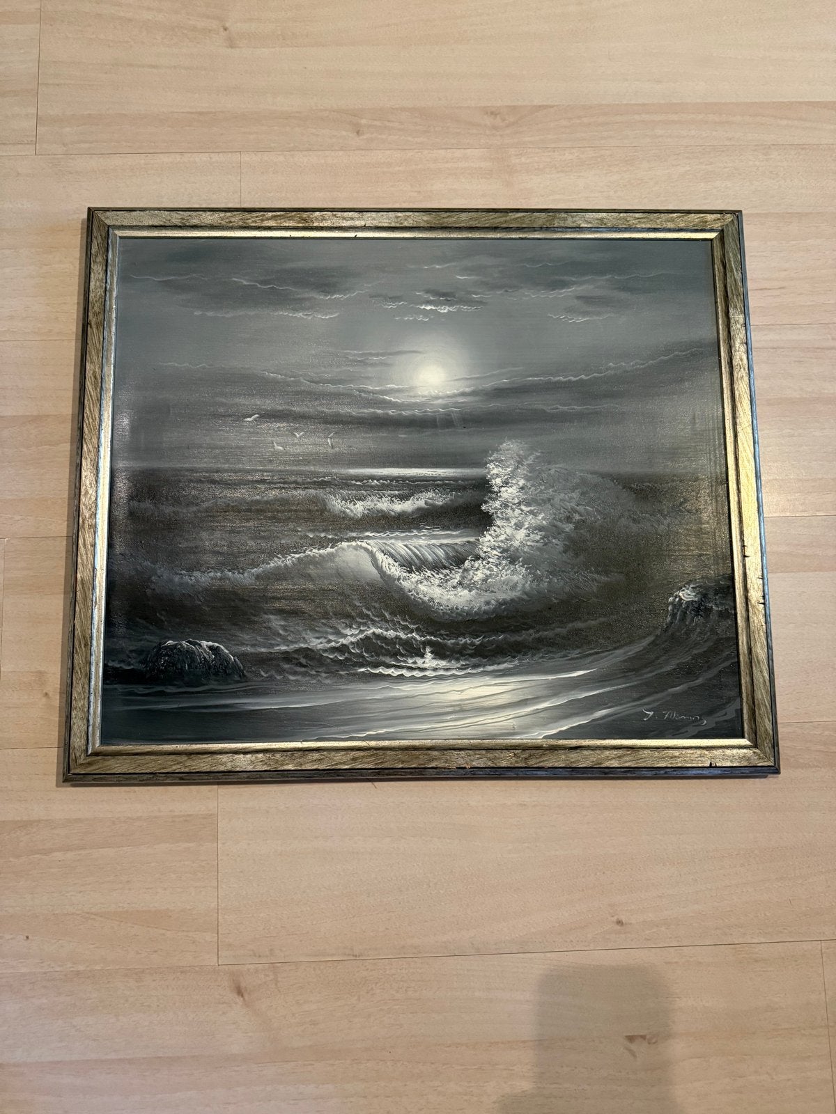 Schilderij woeste zee met maanlicht en meeuwen, Antiek en Kunst, Kunst | Schilderijen | Klassiek, Ophalen, Maritiem / water, Doek