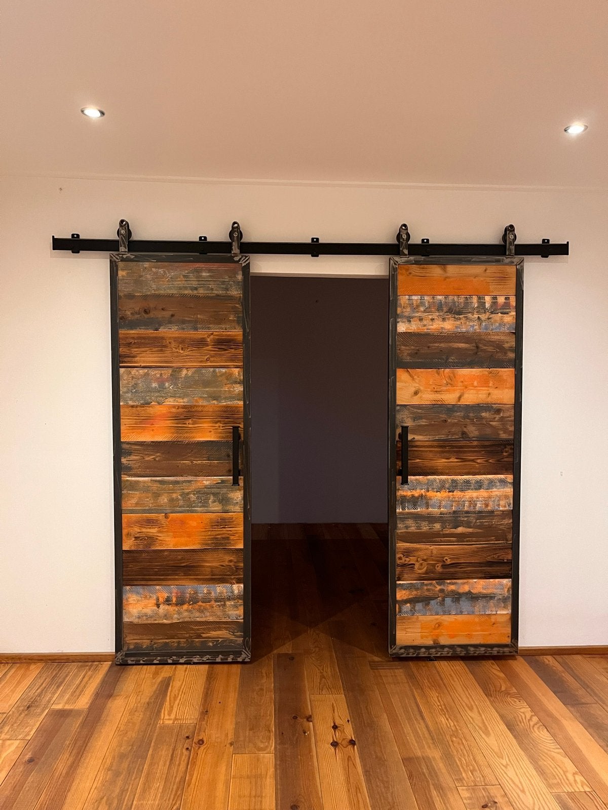 Unieke schuifdeuren van hout en metaal (set van 2), Doe-het-zelf en Verbouw, Deuren en Horren, Ophalen, Gebruikt, 120 cm of meer