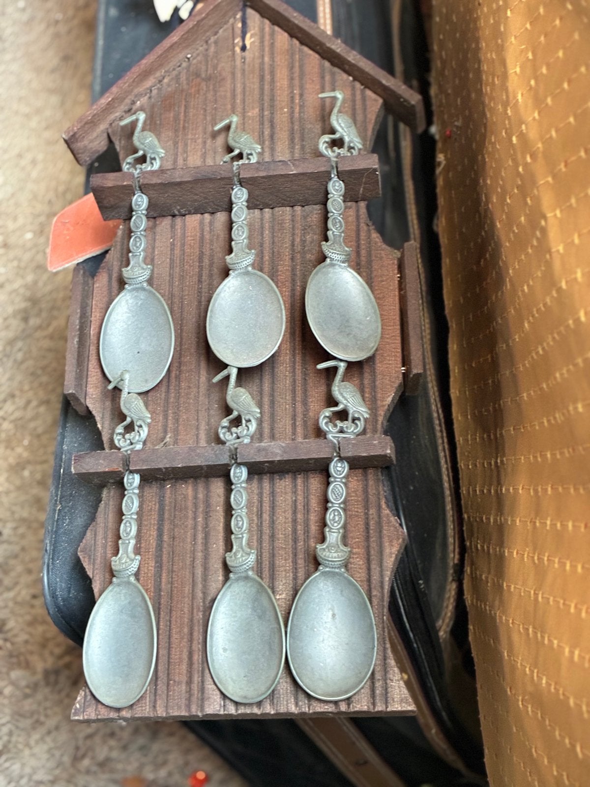 Vintage lepeltjesrek met 6 tinnen lepeltjes - ooievaar, Ophalen of Verzenden