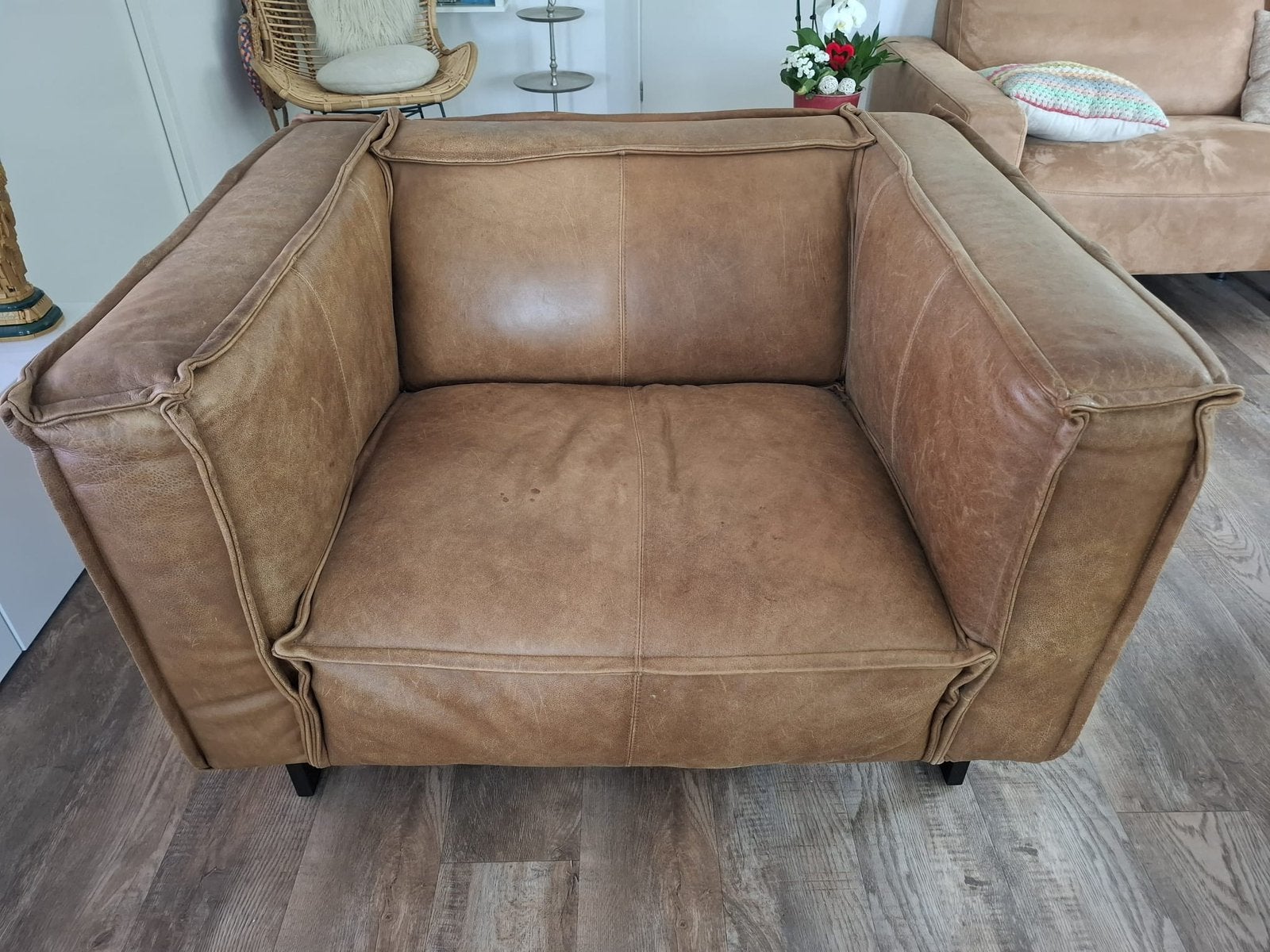 Cognac leren stoel, Huis en Inrichting, Ophalen, Zo goed als nieuw, Minder dan 150 cm, Leer