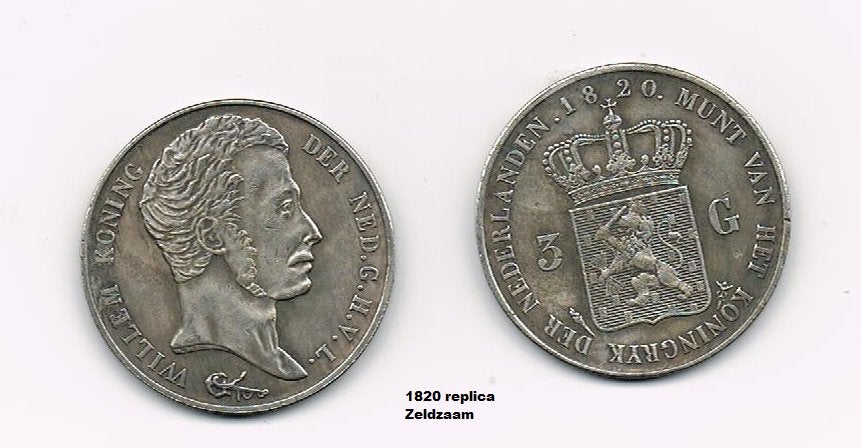1820 een 3 gulden W1 replica vaste pr € 2,90, Ophalen of Verzenden, Koning Willem I, Overige waardes