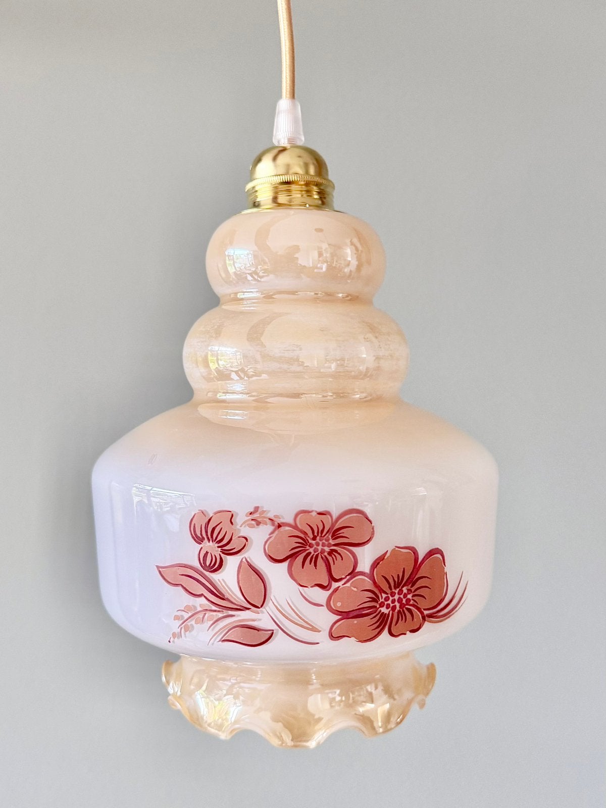 Vintage glazen bloemen lampenkap hanglamp lamp, Ophalen of Verzenden, Gebruikt, Glas, E27 (groot)