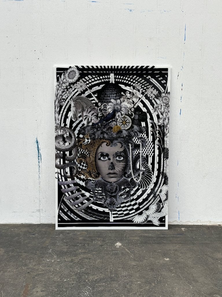 Groot zwart-wit kunstwerk met gezicht en paard, Antiek en Kunst, Kunst | Schilderijen | Modern, Ophalen