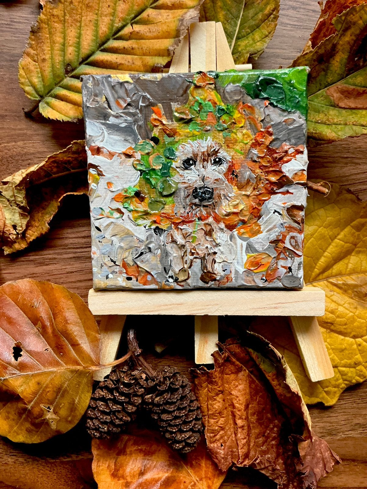 Teckel in de Herfst ~ dachshund ~ kleintje kunst ~ atelier, Ophalen of Verzenden, Nieuw, Minder dan 50 cm, Schilderij