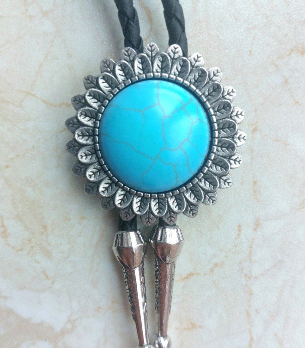 Vintage Bolo Tie met Turkoois Steen - Westerse Stijl, Sieraden, Tassen en Uiterlijk, Overige materialen, Gebruikt, Blauw, Ophalen of Verzenden