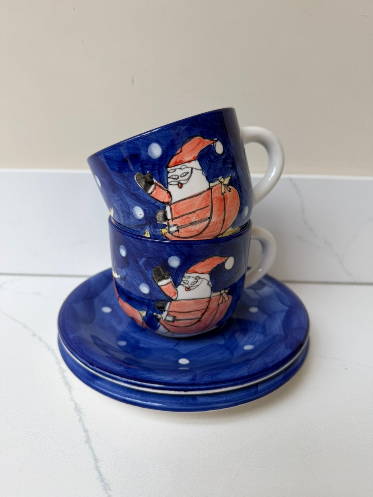 vintage kop & schotel kerstman 2x blauw rood wit, Overige merken, Ophalen of Verzenden, Zo goed als nieuw, Overige stijlen