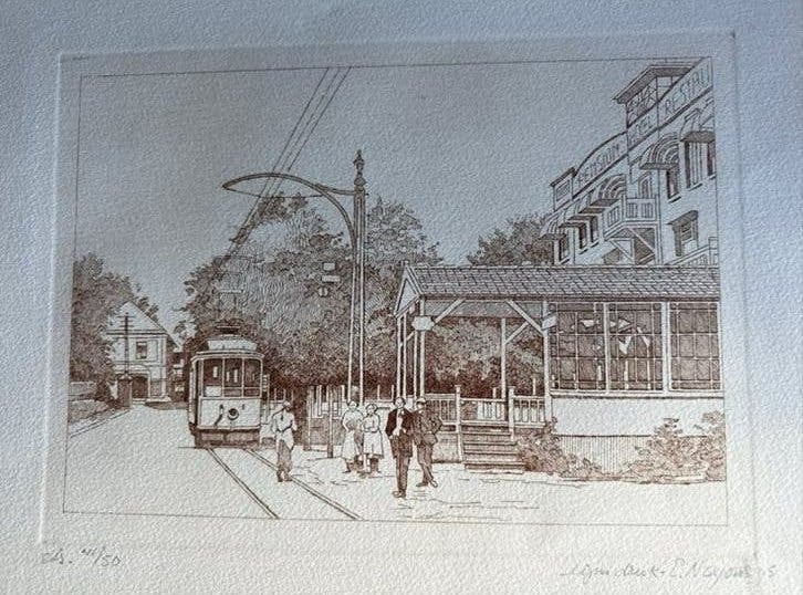 Ets Beek (Berg en Dal) met tram gesigneerd en genummerd, Antiek en Kunst, Kunst | Etsen en Gravures, Stadsgezicht, Ophalen of Verzenden