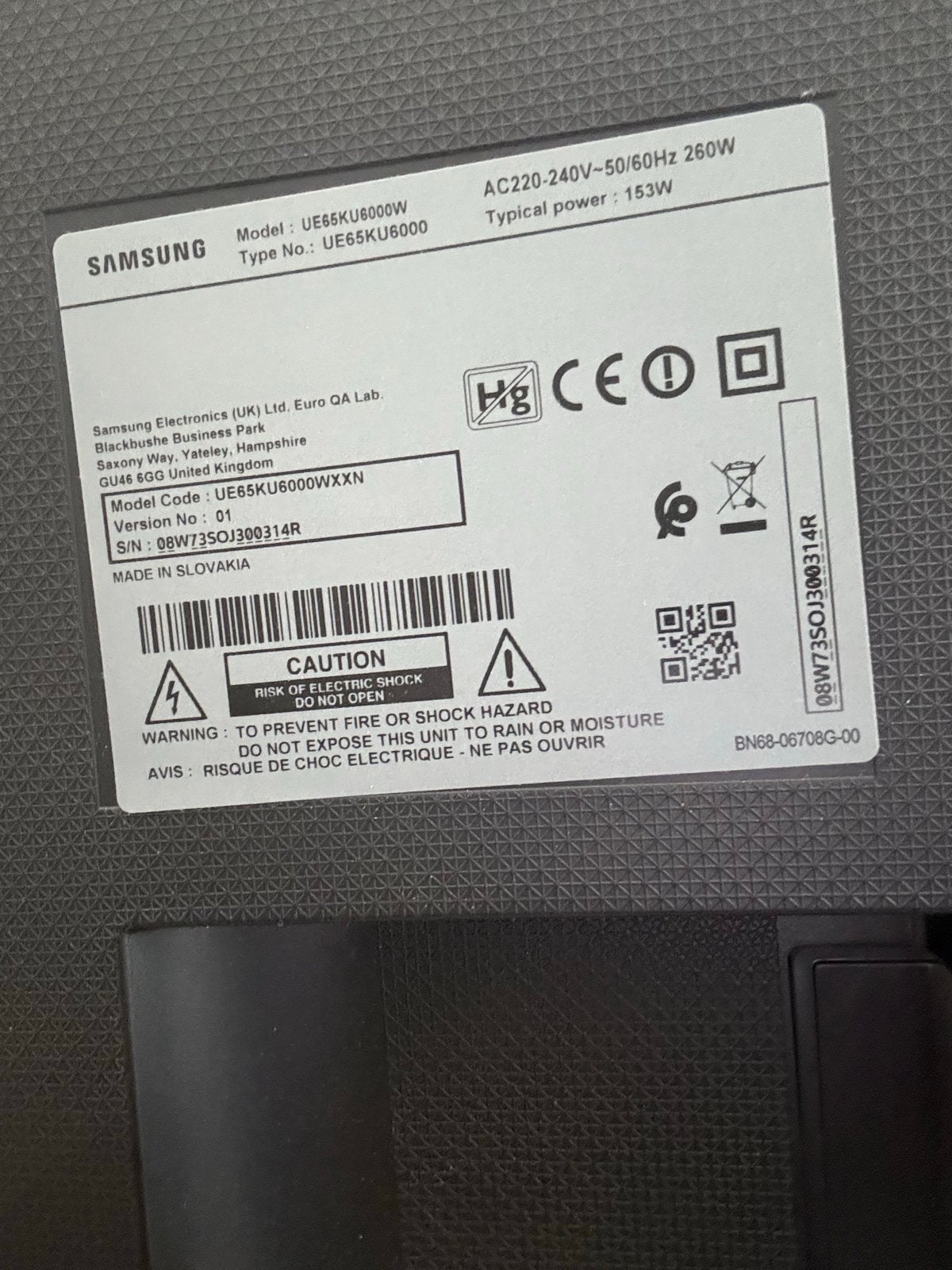 Samsung 65 inch TV met blauw scherm - Gratis af te halen, Ophalen, Niet werkend, 100 cm of meer, Samsung