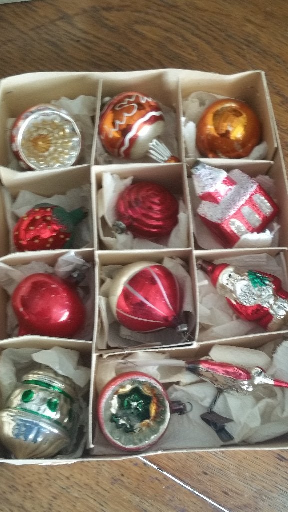 doos 7 antieke-oude kerstballen , alles glas, Ophalen of Verzenden, Gebruikt