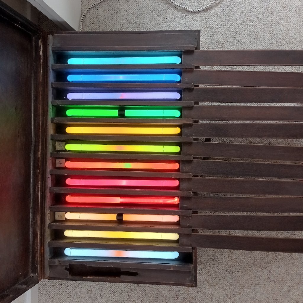 Neon-verlichting vertegenwoordigerskoffer jaren 40-50, Verzamelen, Ophalen, Gebruikt