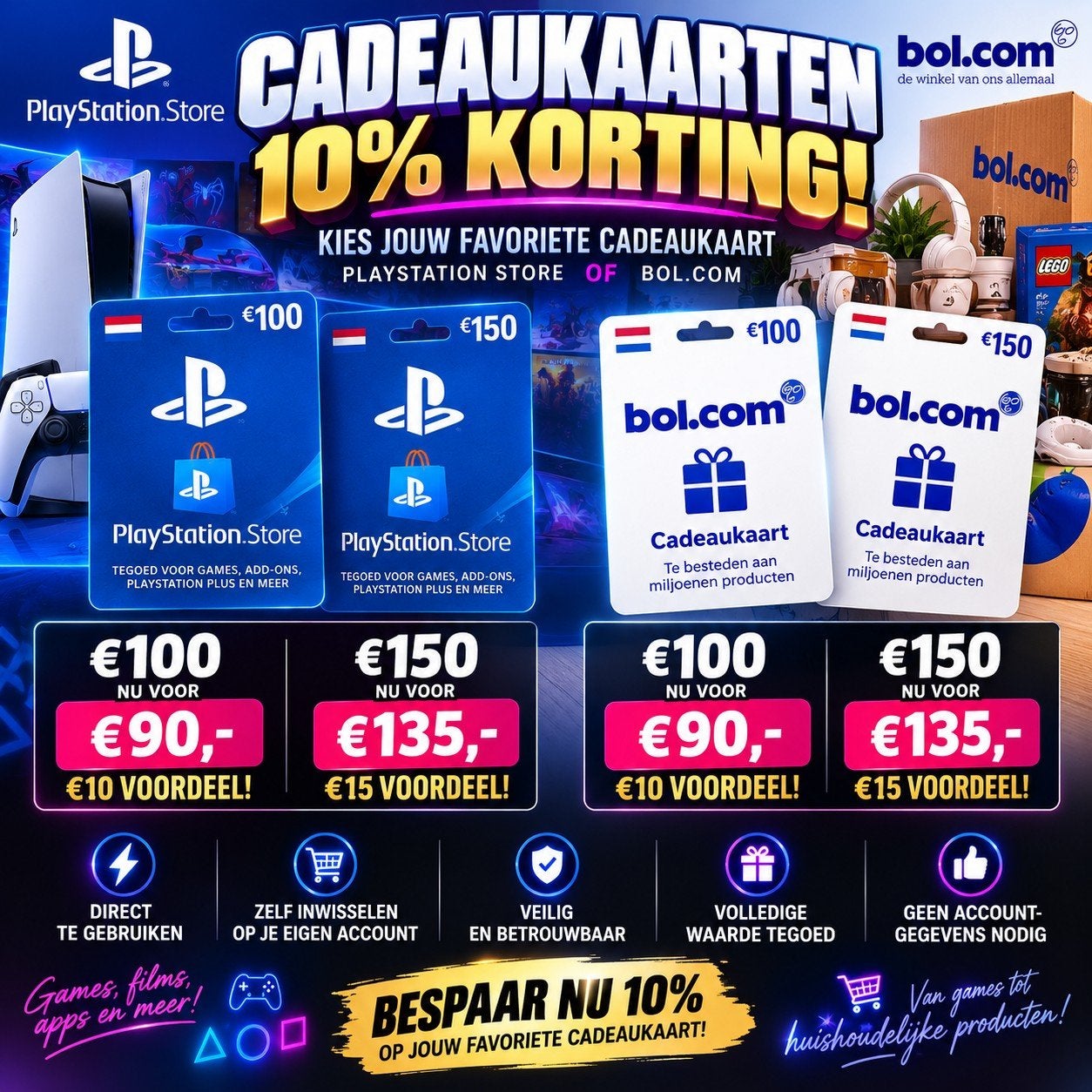 €100 / €150 PlayStation Store tegoed – 10% korting, Tickets en Kaartjes, Eén persoon, Cadeaubon