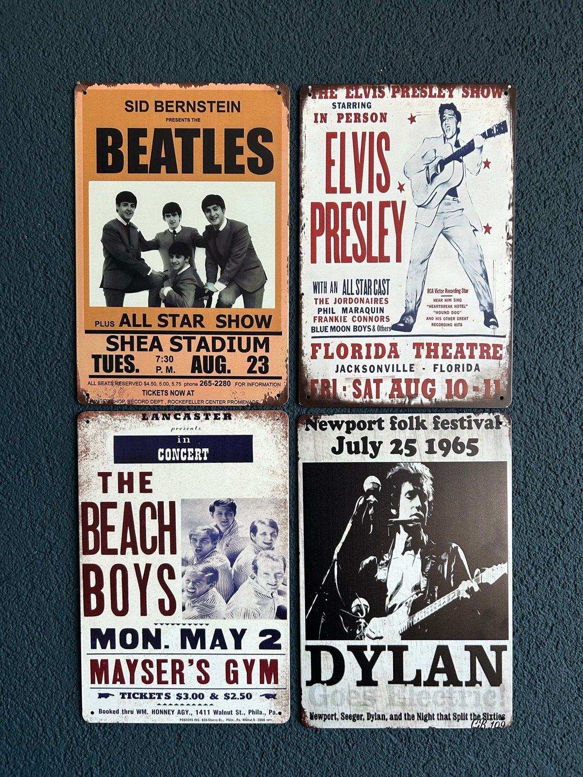 Set van 4 metalen borden: The Beatles, Elvis, Beach Boys, Dy, Ophalen of Verzenden, Zo goed als nieuw