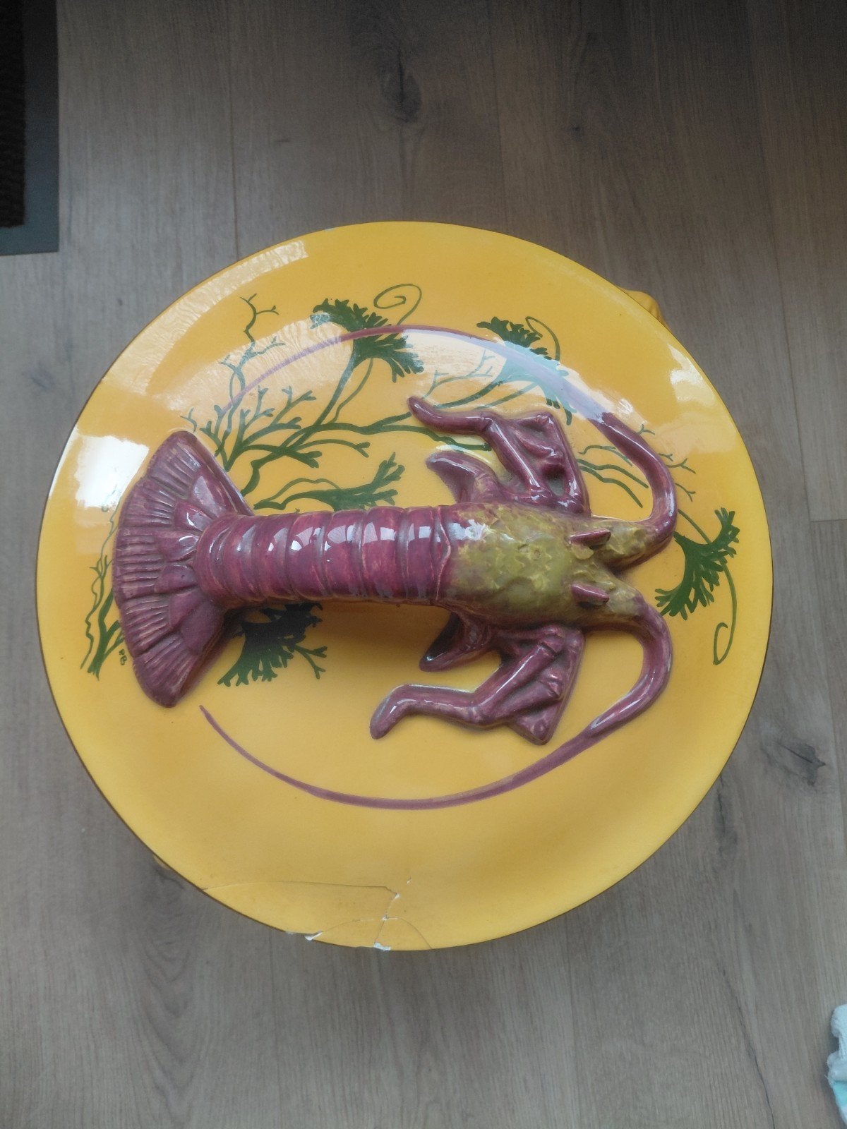 Vintage kreeftensoepterrine met schaal, geel en paars, Ophalen