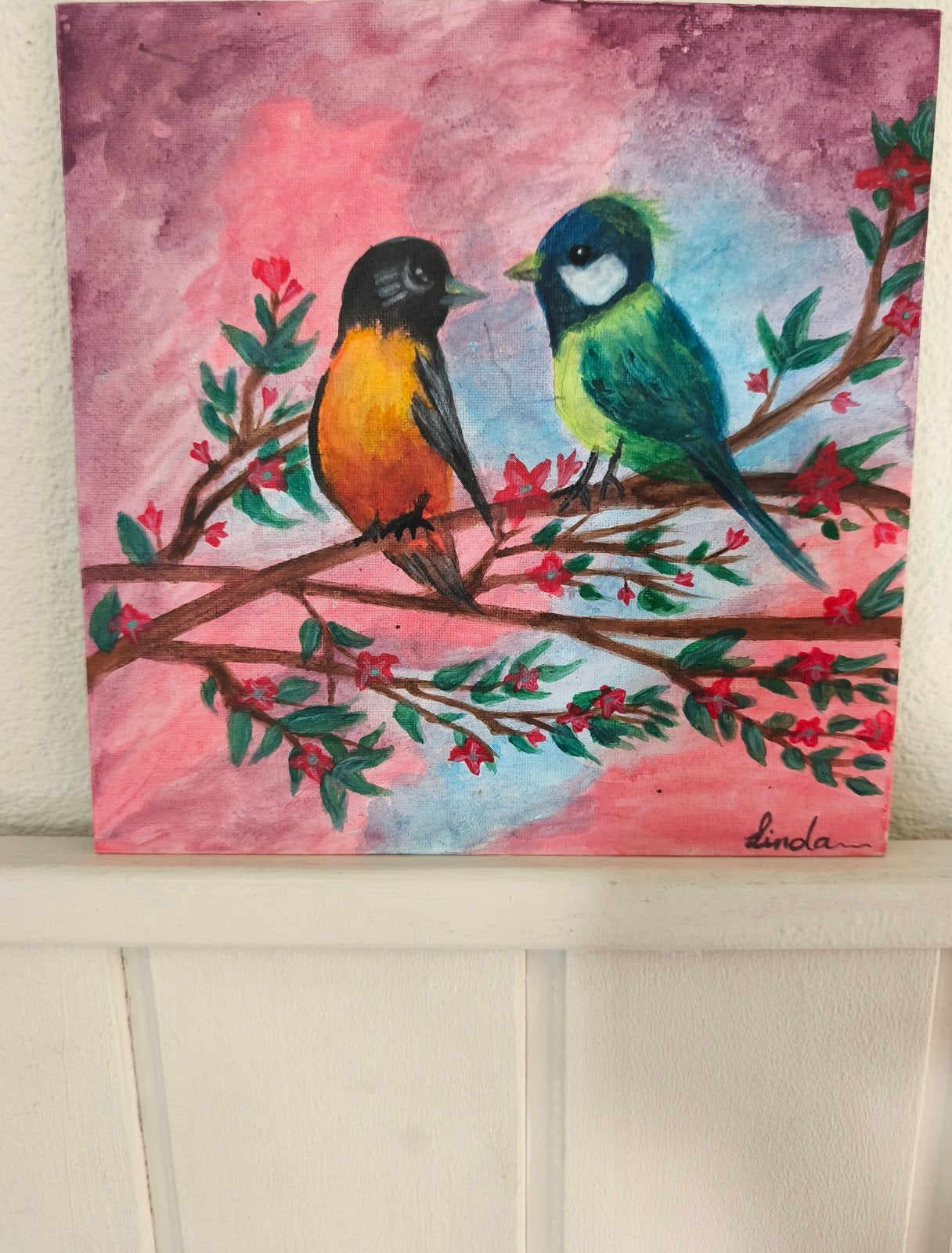 Origineel Handgemaakt Acrylschilderij - Vogels op Tak, Ophalen, Gesigneerd, Acrylverf, Dieren