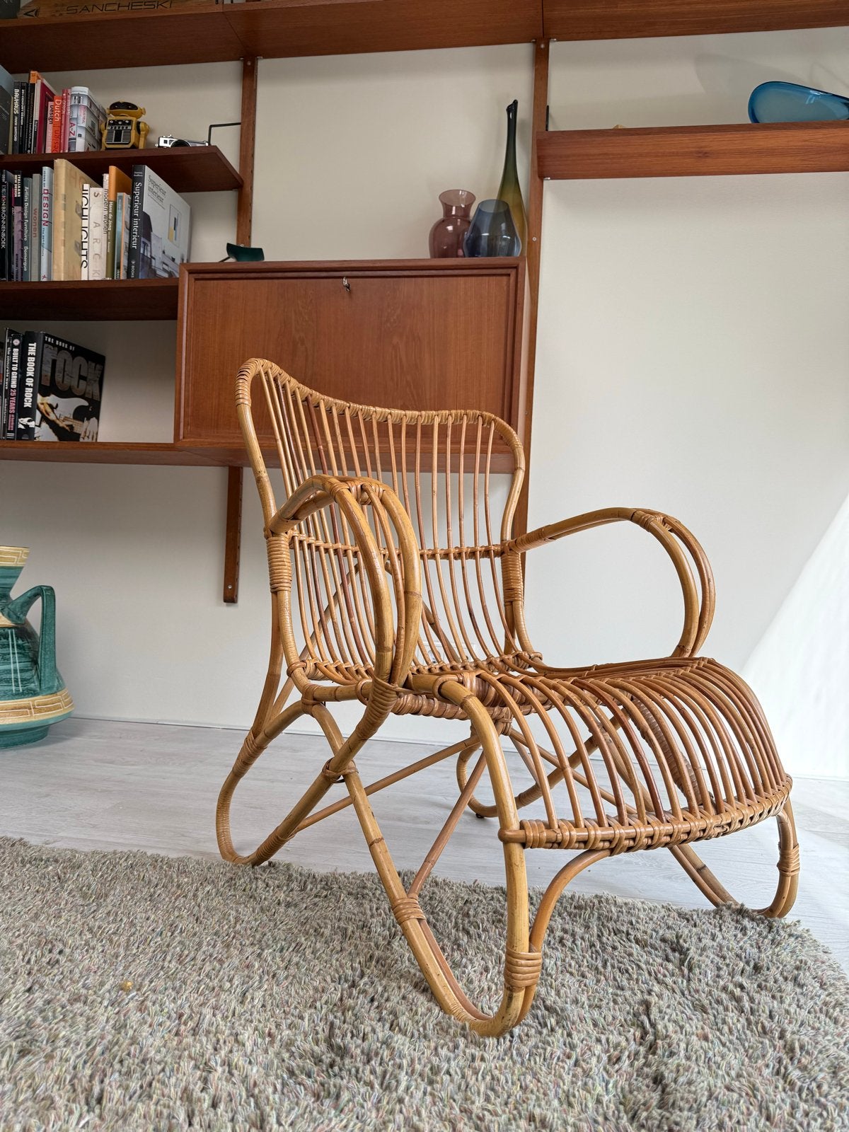 Vintage rotan fauteuil, jaren 60 design, Huis en Inrichting, Stoelen, Gebruikt, Riet of Rotan, Ophalen of Verzenden, Eén