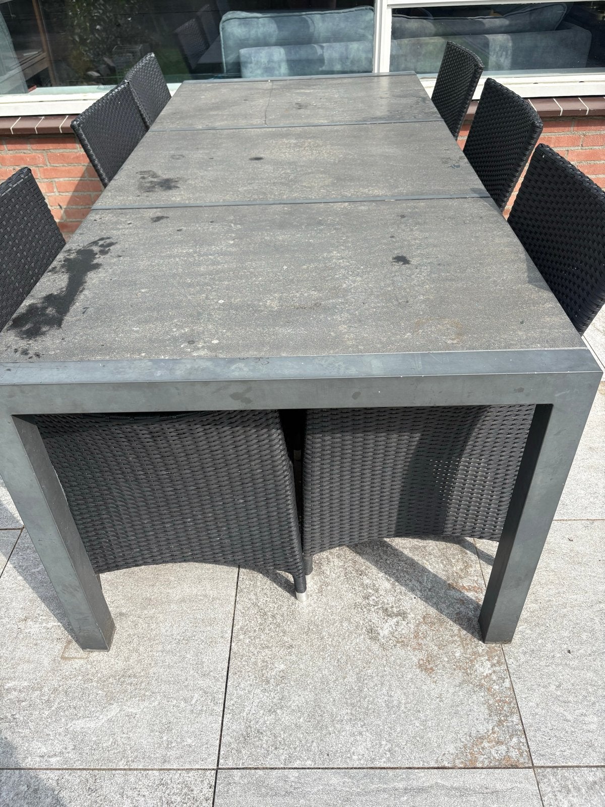 Grote tuintafel met 6 stoelen - Gebruikt, Tuin en Terras, Ophalen, Gebruikt, Rechthoekig, Metaal