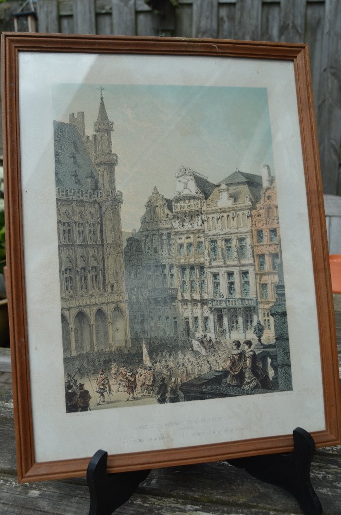 Belgische lithografische prenten van gebouwen (1), Ingelijst, Ophalen of Verzenden, Overige onderwerpen, Lithografie