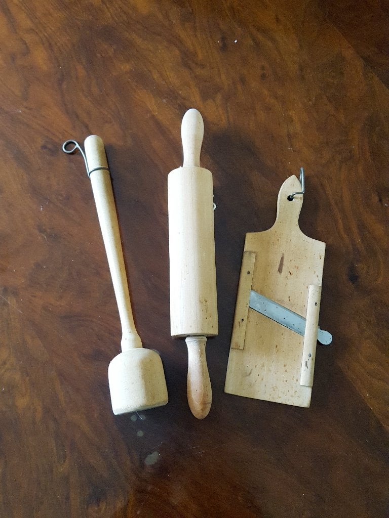 Antiek Houten Keukengerei – Deegroller, Stamper & Schaaf, Antiek en Kunst, Ophalen of Verzenden