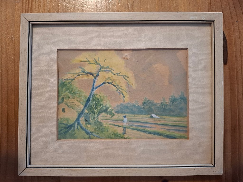 Schilderij met zicht op de rijstvelden Indonesie, Antiek en Kunst, Ophalen of Verzenden