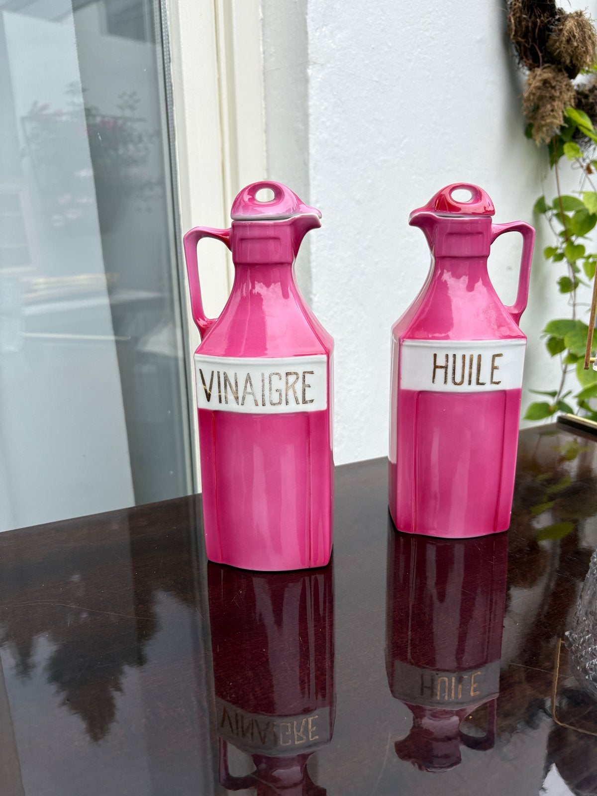 Vintage roze olie- en azijnkannen set, Antiek en Kunst, Antiek | Keramiek en Aardewerk, Ophalen of Verzenden