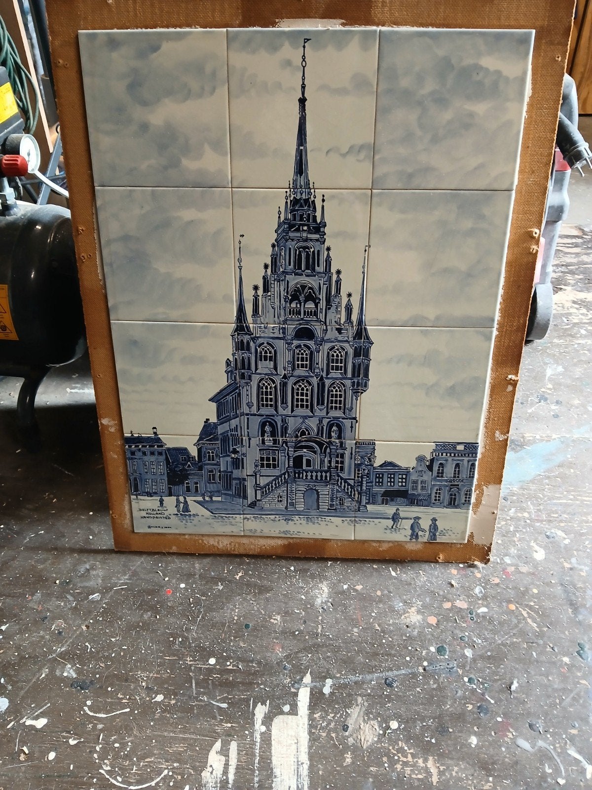 Delfts Blauw Tegeltableau Stadhuis Gouda Handgeschilderd, Antiek en Kunst, Ophalen of Verzenden