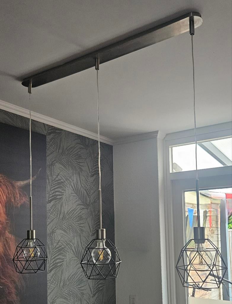Hanglamp met 3 geometrische kappen, Ophalen of Verzenden, Zo goed als nieuw, Modern, Industrieel, Geometrisch, Metaal