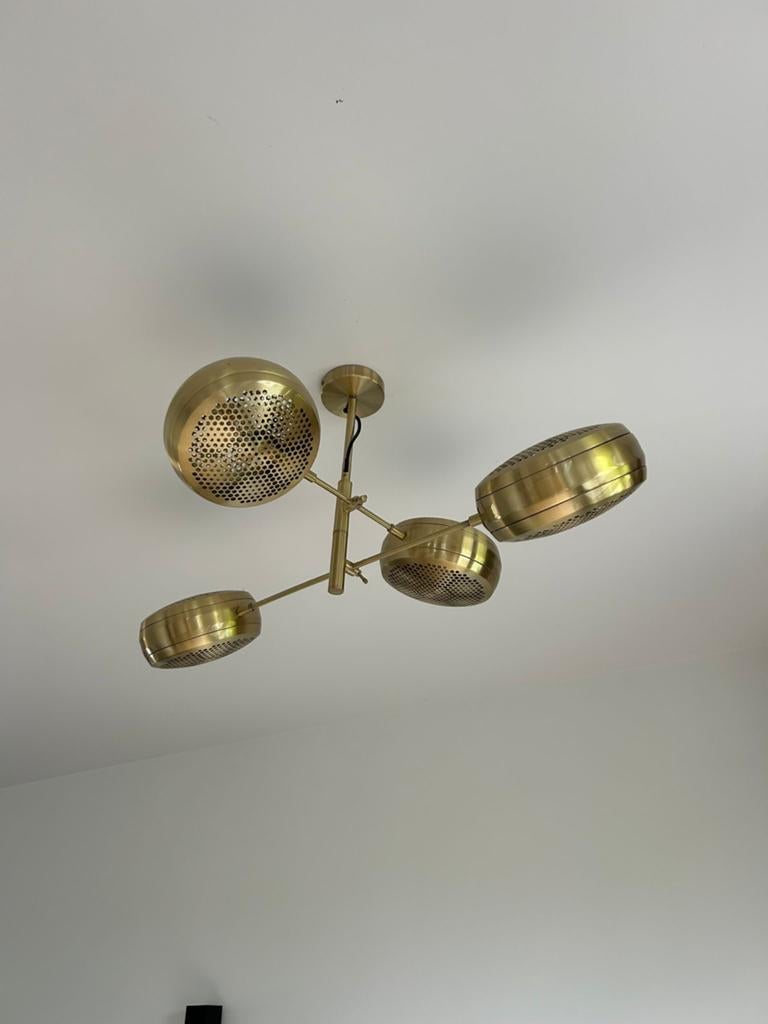 Moderne gouden plafondlamp met 4 spots, Ophalen, Zo goed als nieuw, Metaal, Minder dan 50 cm