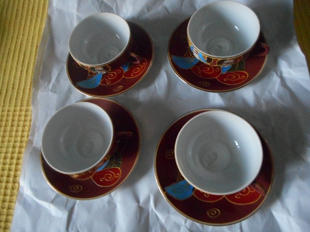 4 Japanse theekopjes met schotels, Nakasima handgeschilderd, Ophalen of Verzenden
