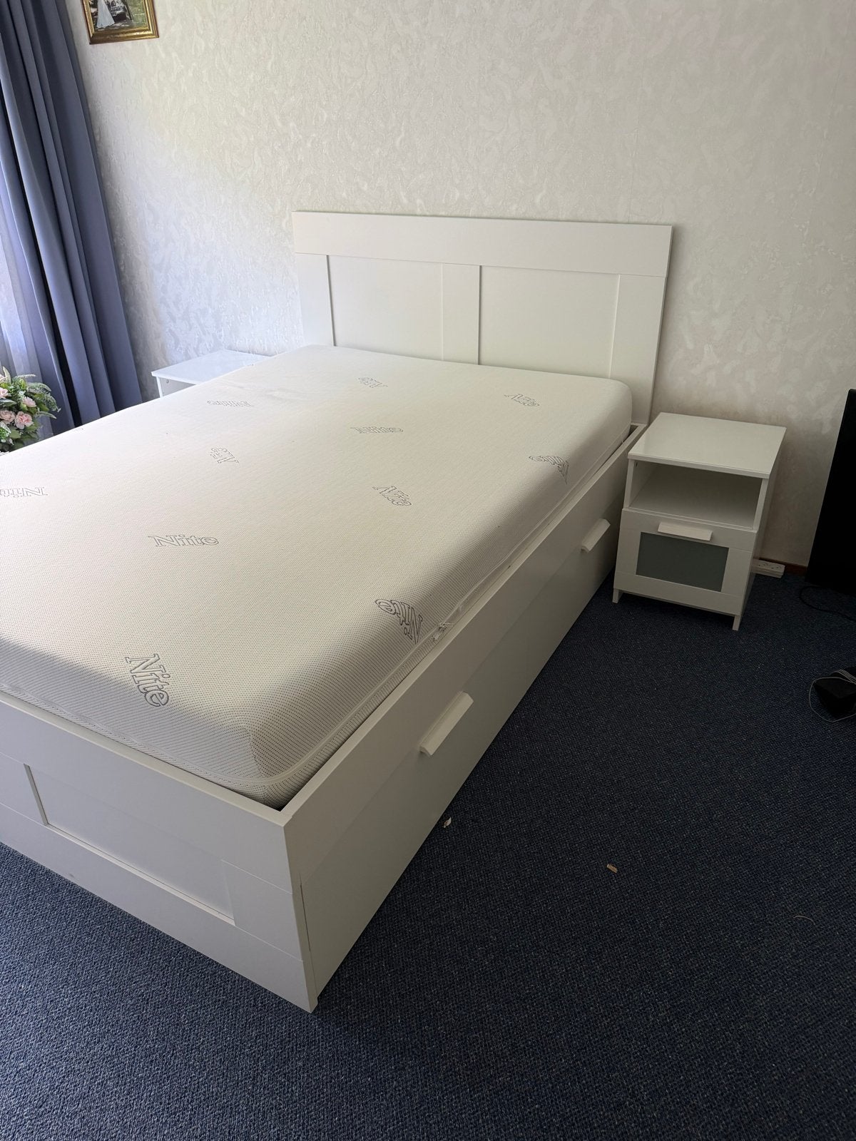 IKEA Brimnes bed 140x200cm met nachtkastjes en kastje, Ophalen, Gebruikt, Wit, Tweepersoons