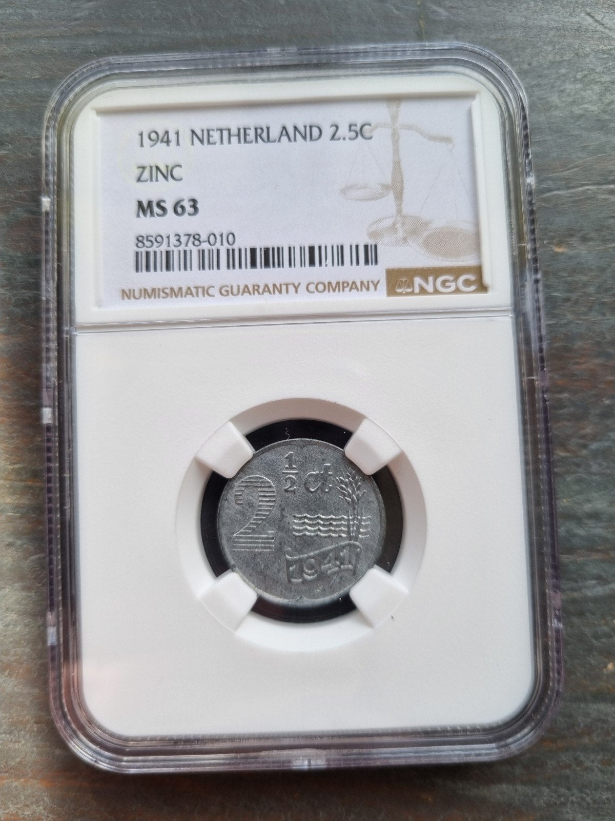 2.5 cent 1941 zink NGC slab ms 63, Ophalen of Verzenden, Koningin Wilhelmina, Overige waardes