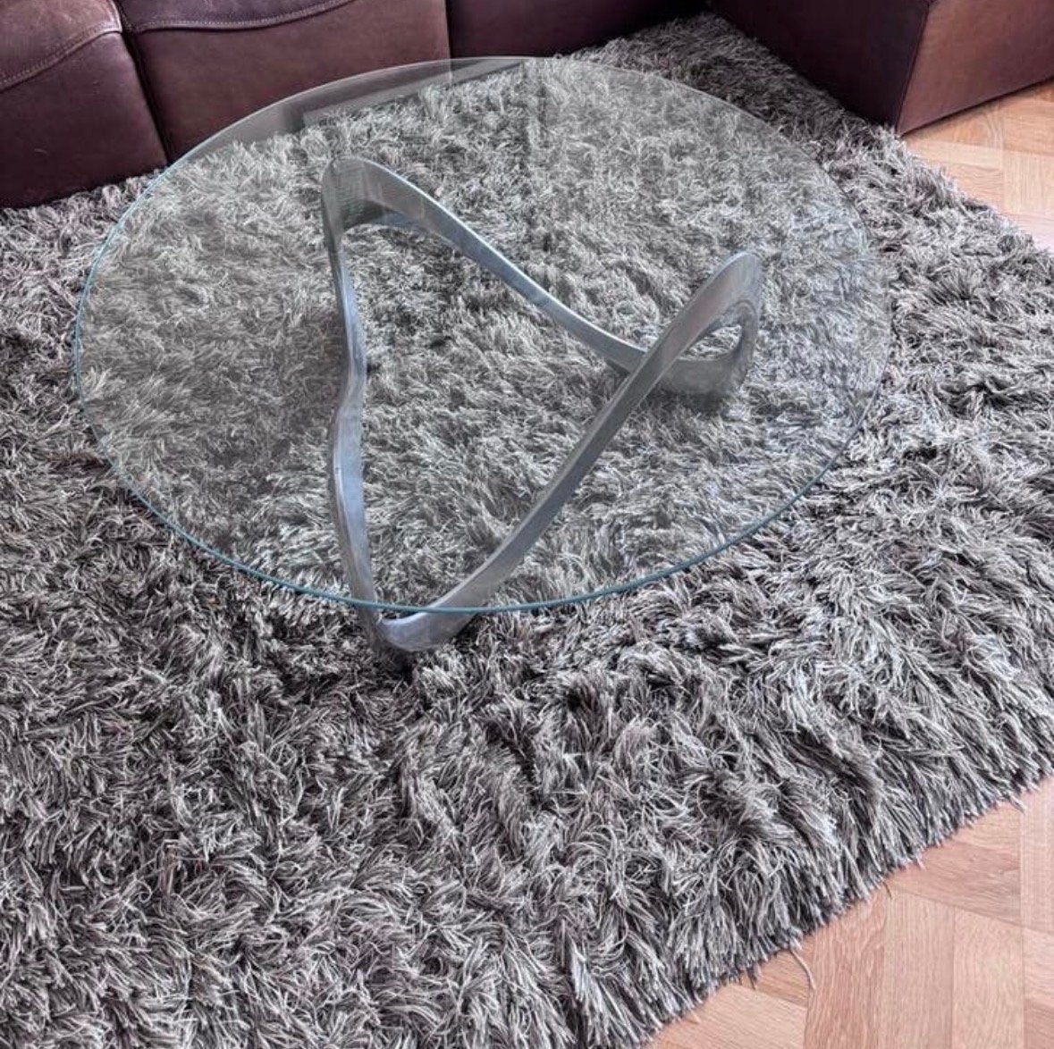 Glazen salontafel met metalen onderstel - Knilt Hesterberg, Ophalen, Gebruikt, 100 tot 150 cm, Rond