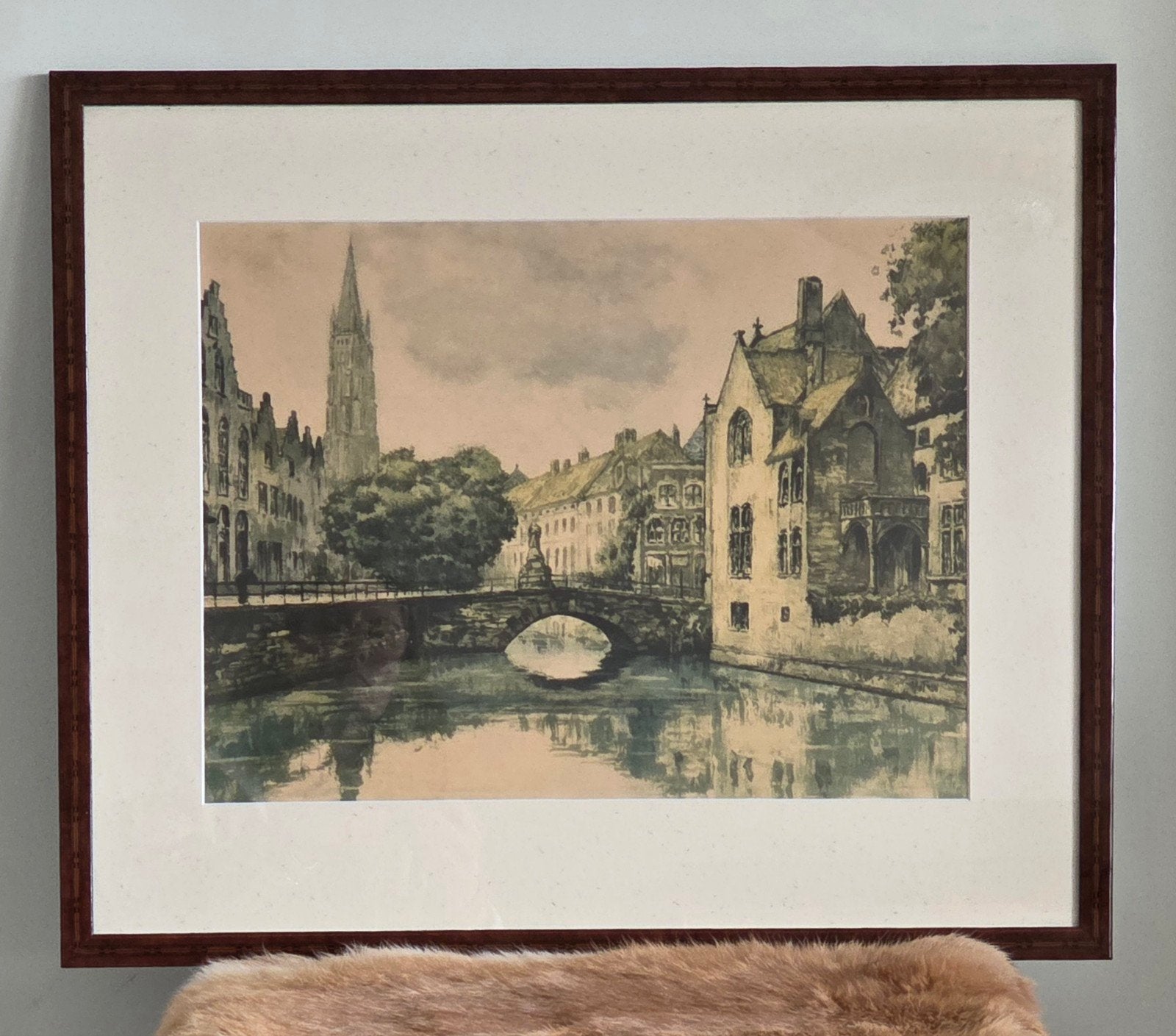 Antieke ingelijste prent Brugge "Pont de l'Écoutete"., Antiek en Kunst, Kunst | Overige Kunst, Ophalen of Verzenden