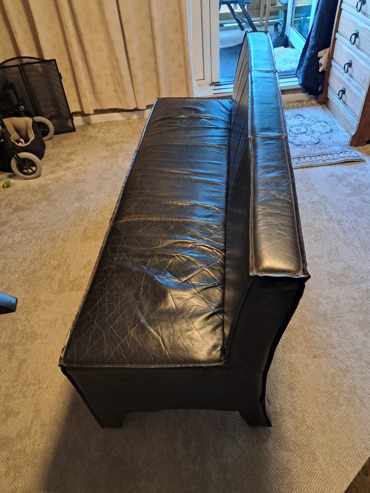 gratis Zwarte echt  leren bank - 3-zits voor bij je eettafel, Ophalen, Gebruikt, Minder dan 75 cm, 150 tot 200 cm