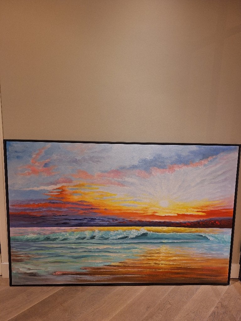 Ondergaande zon in de zee - acryl op canvas - 110x170cm, Antiek en Kunst, Acrylverf, Ingelijst, Textiel, Landschap