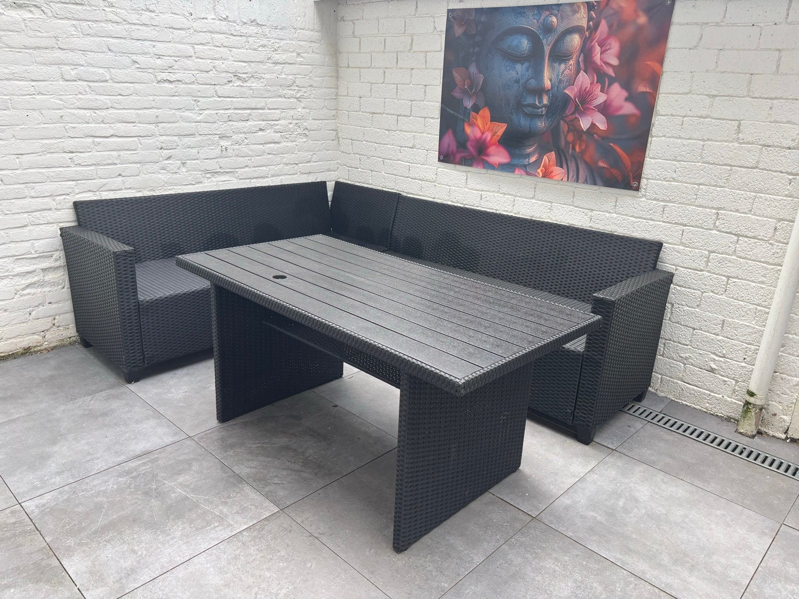 Loungeset met kussens en parasolgat, Ophalen, 4 zitplaatsen, Gebruikt, Loungeset
