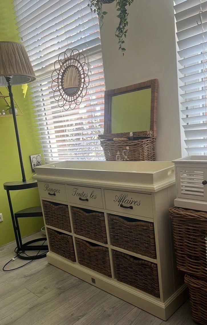 Riviera Maison dressoir + RM vloerlamp en manden (nwpr €1600, Ophalen, Gebruikt, 100 tot 150 cm, Overige materialen