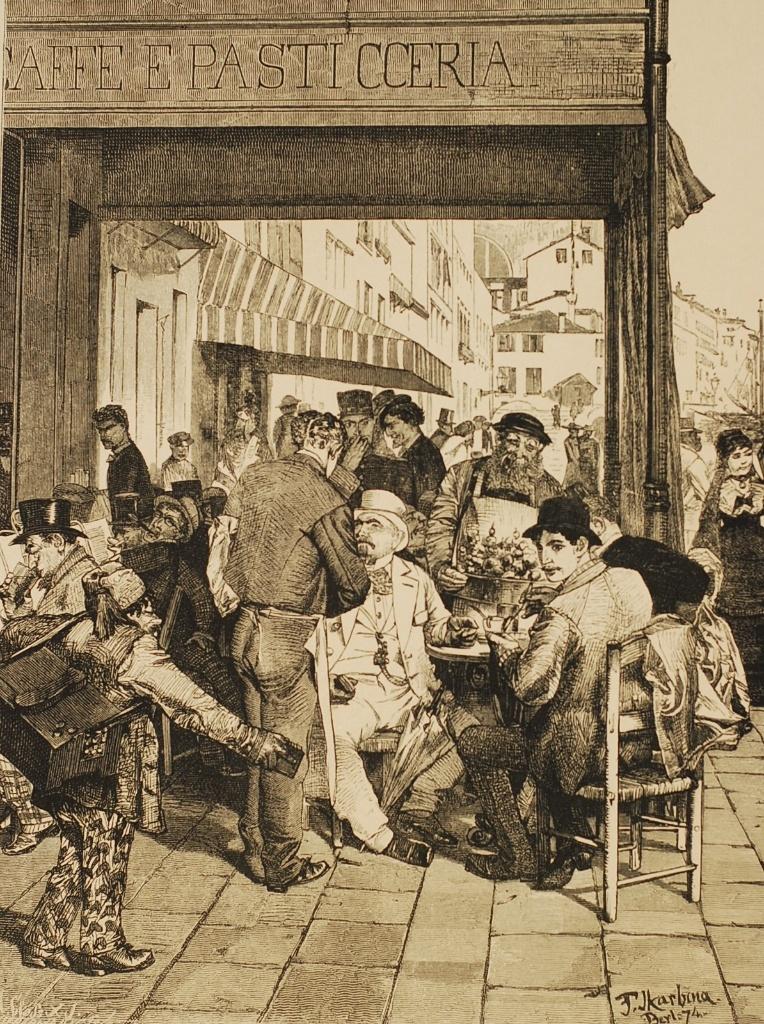Antieke Prent Venetië Coffee-House Riva degli Schiavoni 1885, Verzamelen, Foto's en Prenten, Verzenden, Voor 1940, Zo goed als nieuw