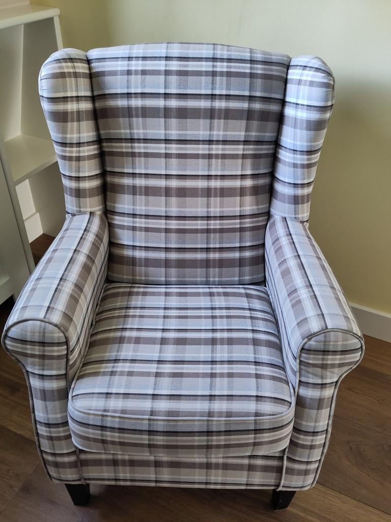 Fauteuil, bruin geruit, Huis en Inrichting, Fauteuils, Ophalen, 75 tot 100 cm, Zo goed als nieuw, Stof