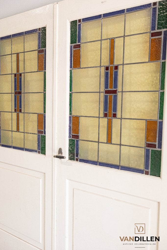 Oude ensuite vouw - klap deuren met glas in lood, Gebruikt, 120 cm of meer, Binnendeur, Ophalen of Verzenden