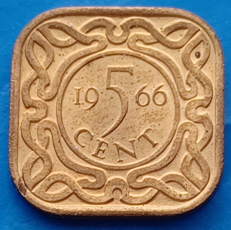 Suriname 5 cent 1966 (zonder munt- en muntmeesterteken), Verzenden, Koningin Juliana, 5 cent, Losse munt