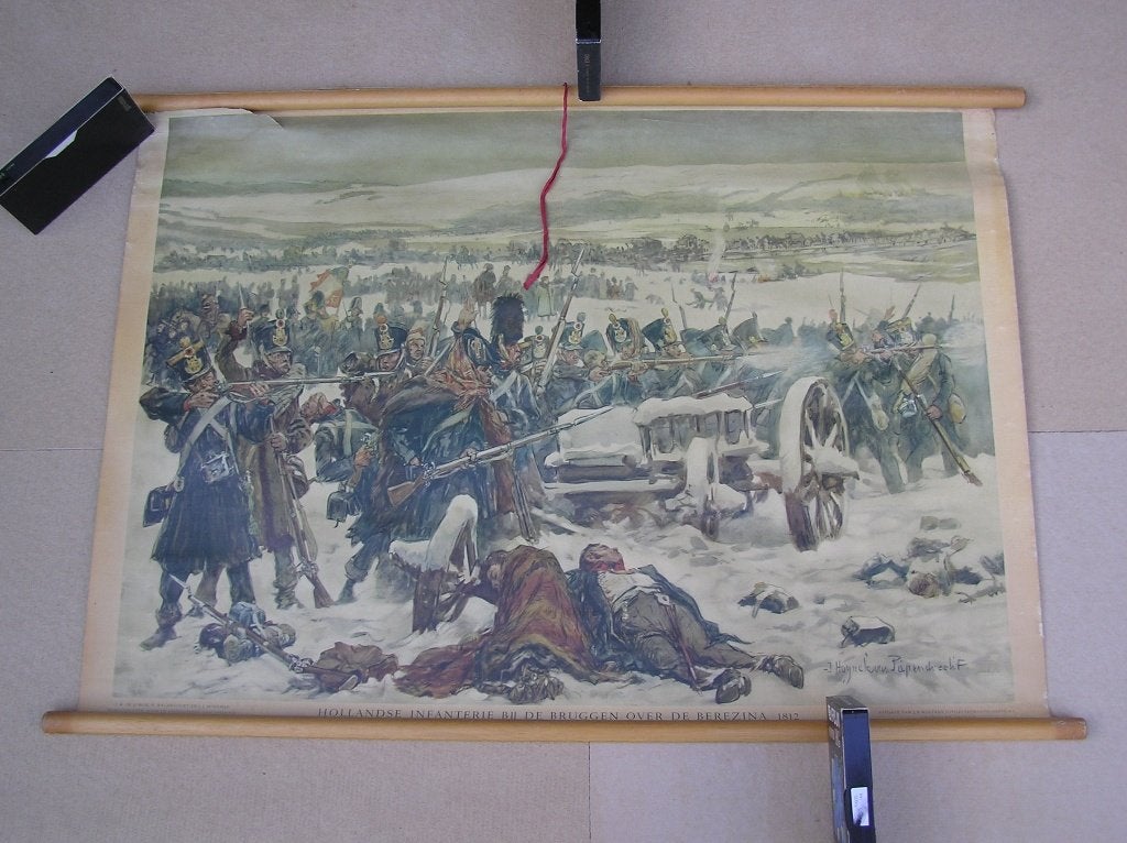 Schoolplaat Hollandse infanterie bij de bruggen Berezina, Antiek en Kunst, Ophalen, Geschiedenis