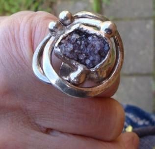 design mid century ring Erik Dennung Denmark amethist zilver, Overige materialen, Met edelsteen, Ophalen of Verzenden, Zo goed als nieuw