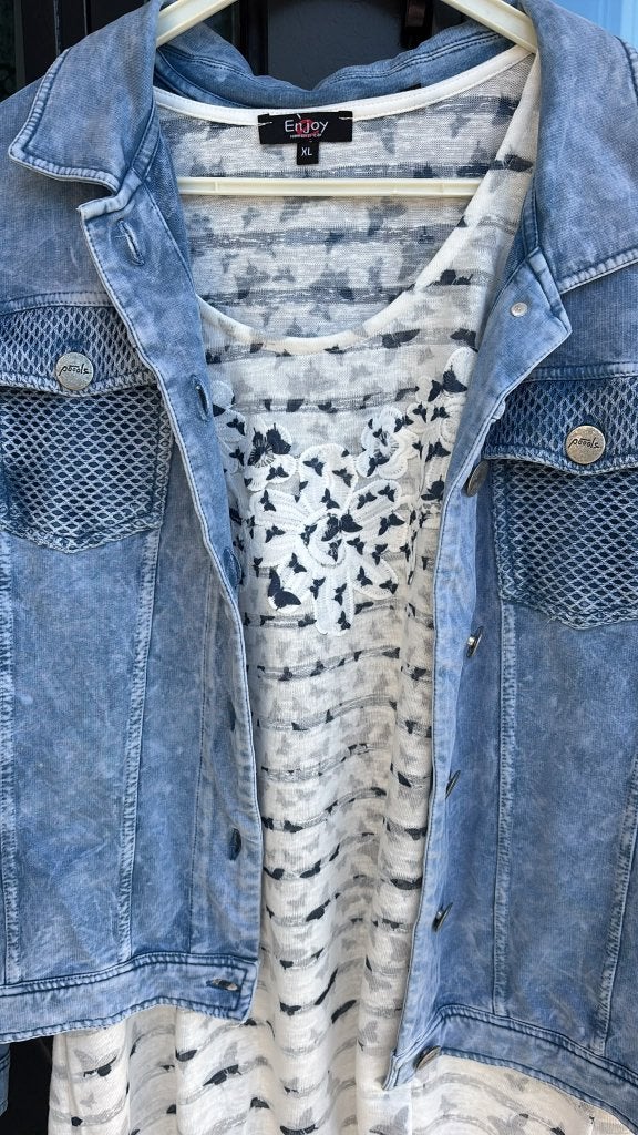 Poools denim jack XL + Enjoy shirt XL, blauw/wit, spijkerjas, Meerkleurig, Maat 46/48 (XL) of groter, Ophalen of Verzenden, Zo goed als nieuw