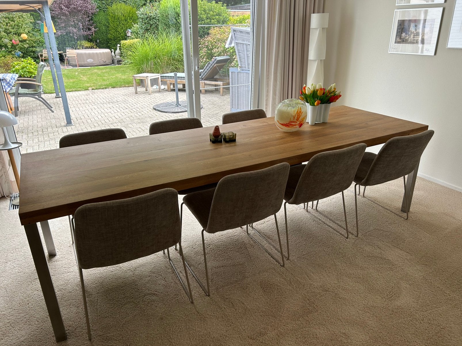 Eiken tafel met metalen onderstel 2,80 meter, Huis en Inrichting, Tafels | Eettafels, Ophalen, 200 cm of meer, 50 tot 100 cm, Zo goed als nieuw