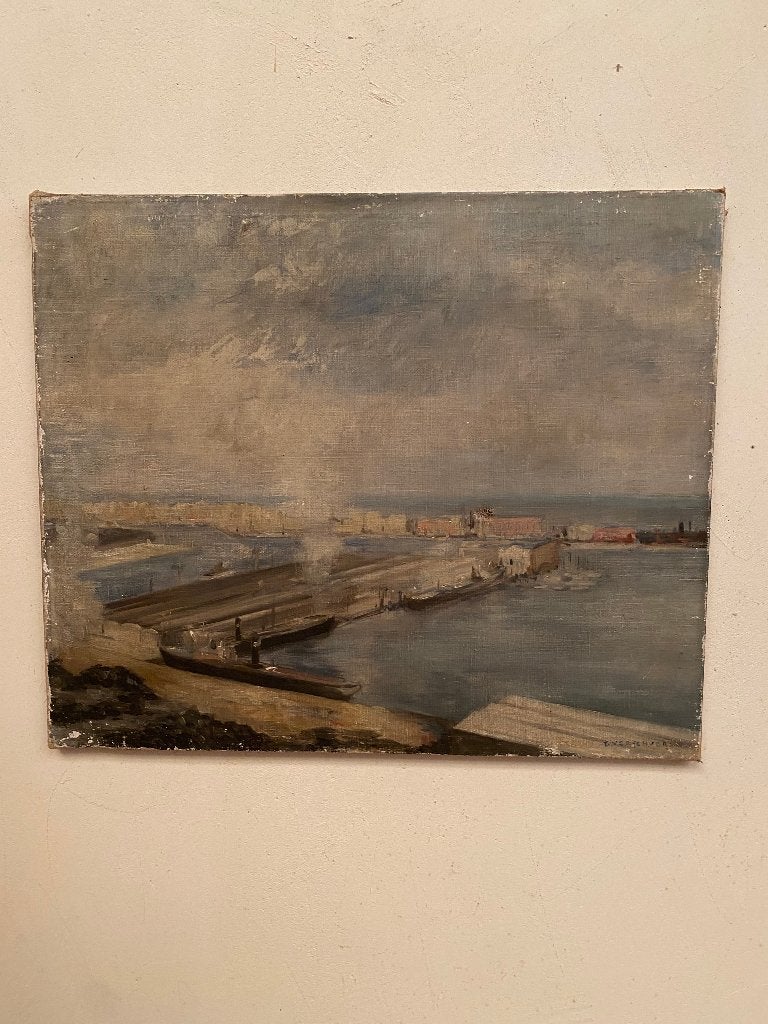 industriële haven schilderij, Antiek en Kunst, Kunst | Schilderijen | Klassiek, Ophalen of Verzenden, Klassiek, Maritiem / water