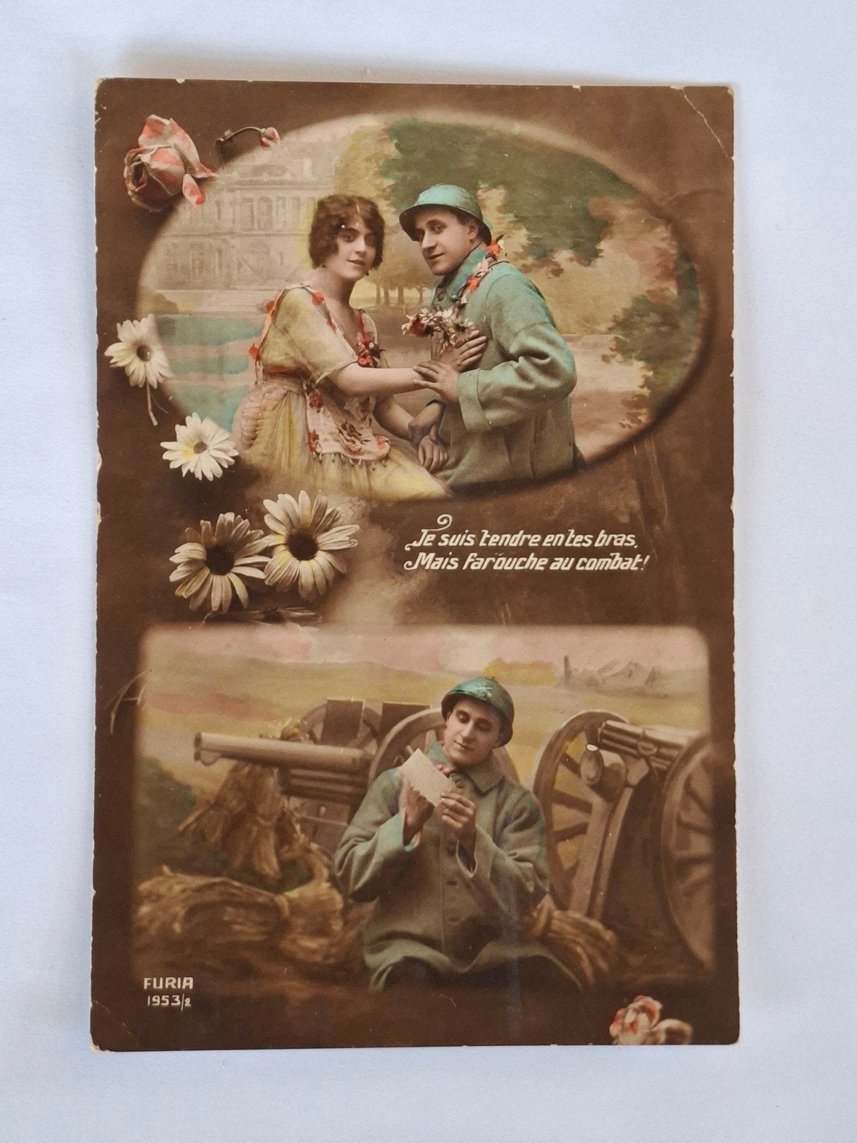 Ansichtkaart-soldaat-vrouw-artillerie-kanon-Frankrijk-1920, Verzamelen, Ophalen of Verzenden, 1920 tot 1940, Gelopen, Politiek en Historie